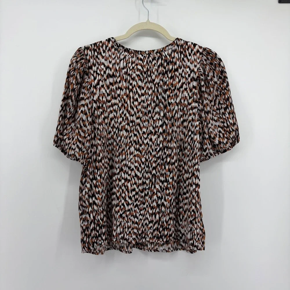 LOFT Womens Small Rust Black White Blouse Abstract Ikat Puff Sleeve Mixed Media